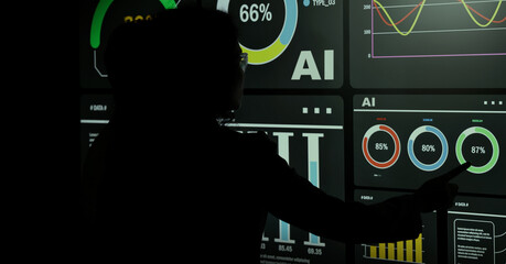 AI Using. Silhouetted analysts interact with a large AI data. AI Display charts graphs and analytics. Business team using futuristic AI interface visuals data. Technology with biz insights and ai data