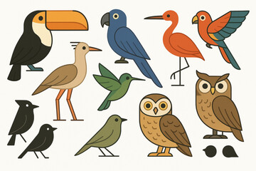 Naklejka premium Brazilian bird vector icon set with toucan macaw ibis seriema hummingbird arara owl and songbirds