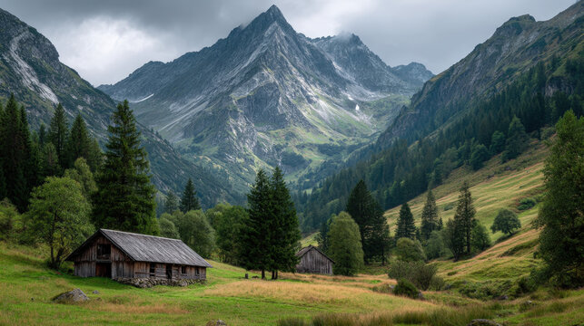 Alpine valley with wooden barns and green slopes under jagged stone peaks and clouds - Powered by Adobe