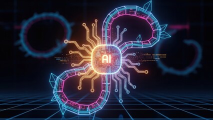 Glowing AI chip at the center of an infinity symbol, representing endless artificial intelligence