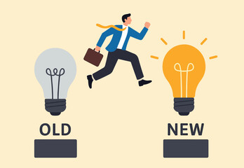 Business transformation, change management or transition to better innovative company, improvement and adaptation to new normal concept, smart businessman jump from old to new shiny lightbulb idea