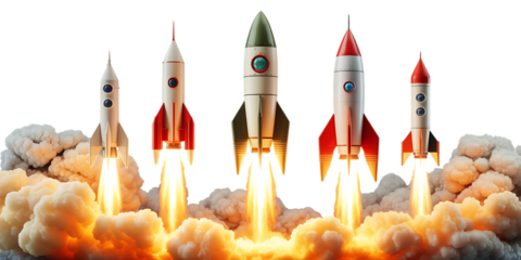 Multiple rockets launching with smoke and fire isolated on white background