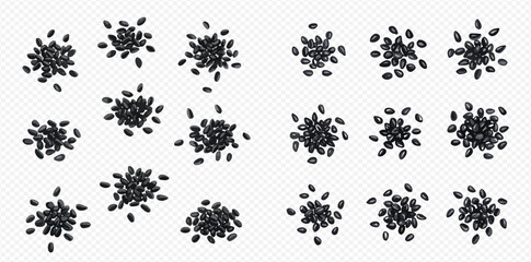 Set of black sesame seeds isolated on transparent background, top view of healthy food ingredient.