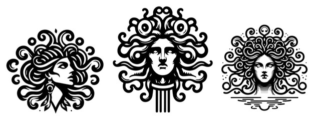 Medusa head logo vector set, three greek mythology gorgon faces, snake hair woman illustration icons © Luka