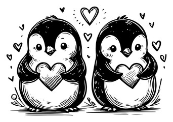 Cute couple of penguins holding hearts, vector illustration, romantic love birds sketch for valentine design © Luka