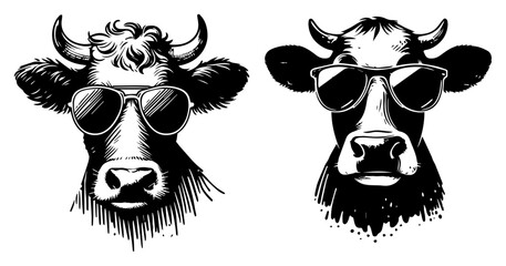 Two cool cow heads wearing sunglasses, vector illustration, funny farm animal portraits with glasses, hipster bull sketch design