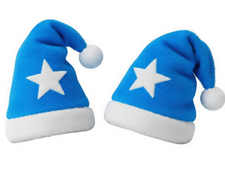 Two festive red santa hats with fluffy white trim and pom poms and star.