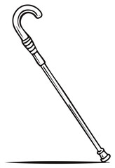 Vintage walking cane with curved crook handle black and white line art illustration