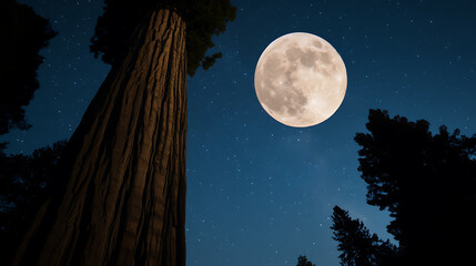 Beneath the silvery glow of a full moon, ancient trees stand as silent guardians. A celestial canvas painted with stars, a serene and awe-inspiring nightscape awaits.