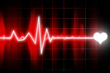 Glowing white electrocardiogram line with heart symbol on red grid background pulse rhythm