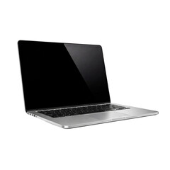 Modern silver laptop computer with black screen, isolated on transparent background