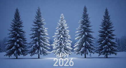 Fototapeta premium Snowy fir tree row, center tree is decorated with baubles, 