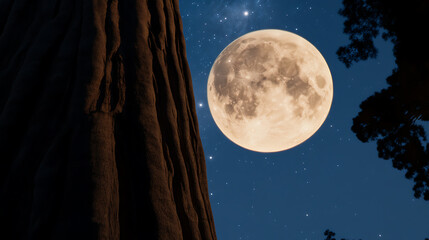 Fototapeta premium A serene night sky showcases a luminous full moon, softly illuminating the rugged bark of an ancient tree. Stars twinkle in the dark, blue background, enhancing the peaceful scene.