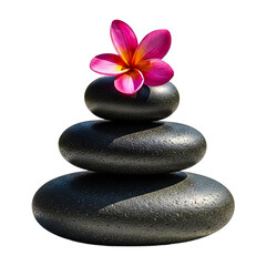 Stacked black spa stones with pink plumeria flower isolated on transparent background