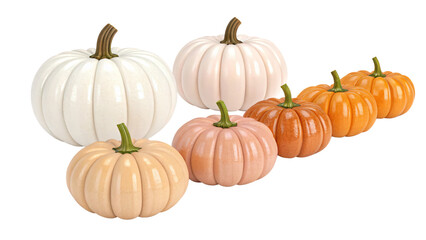 Clustered pumpkins in soft tones&mdash;white, peach, orange, autumn harvest vibe, cozy seasonal arrangement