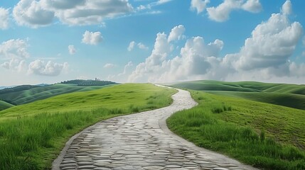 Stone pathway winds uphill through vibrant green hills under a bright, cloudy sky