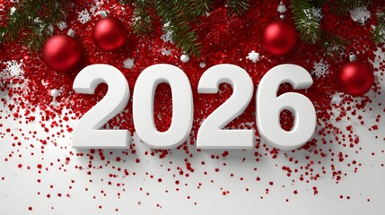 2026 New Year and Christmas Celebration Background with Red Glitter, Ornaments, and Copy Space. 2026 with sparkling red confetti and star-shaped glitter