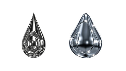 Pair of abstract 3D metallic liquid drops, glossy chrome water droplet shapes isolated on white background