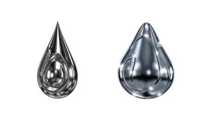 Pair of abstract 3D metallic liquid drops, glossy chrome water droplet shapes isolated on white background