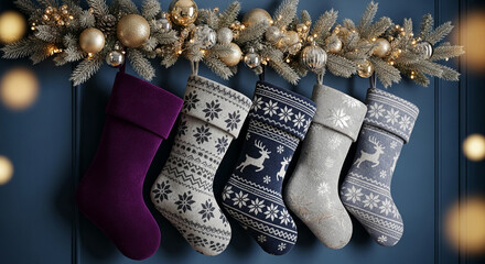 Row of festive stocking hanging against blue wall, adorned with fir garland, gold and silver ornament, representing holiday cheer and winter celebration