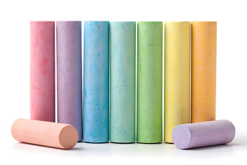 Colorful chalk pastels arranged in a row on a clean white background with scattered pieces