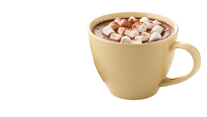 Cozy hot chocolate cup background topped with soft marshmallows, warm tones, perfect for winter and comfort themes
