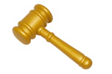 Golden gavel representing justice, law, judgment, auction, and legal decisions on transparent background