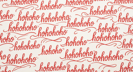 Repeating red "hohoho" script on a light background. Festive pattern evoking holiday spirit, related to Santa and joy, perfect for seasonal themes.