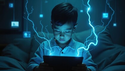 Young boy uses tablet in dark room with electric bolts surrounding him. The image symbolizes online dangers and digital threats to children.
