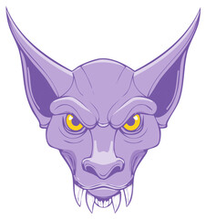 Intimidating gargoyle head with sharp teeth and piercing yellow eyes