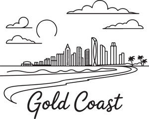 Obraz premium Continuous Line Art of Gold Coast Skyline from Beach View Minimal Outline Illustration