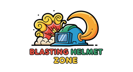 Fototapeta premium Cartoonish Safety Helmets And Explosions Illustration For Protection And Construction