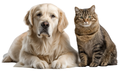 Golden retriever dog and tabby cat sitting side by side on a transparent background showcasing loyal companionship and diverse pet friendship potential