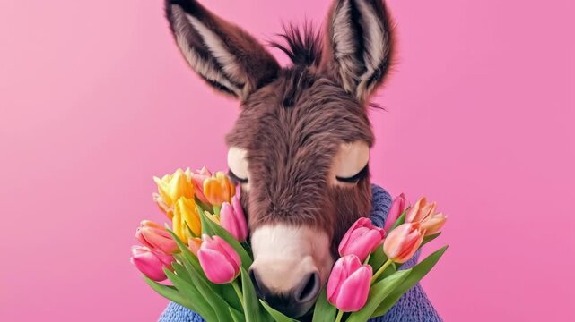 Cute donkey holding colorful tulips in sweater against pink background. March 8, International Women's Day. Mother's Day