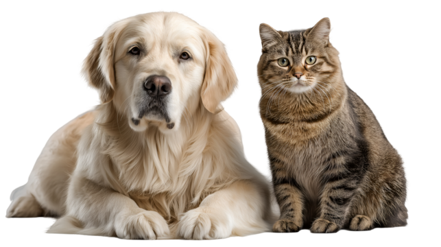 Golden retriever dog and tabby cat sitting side by side on a transparent background showcasing loyal companionship and diverse pet friendship potential - Powered by Adobe