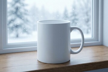 White ceramic mug on windowsill with soft cold winter light
