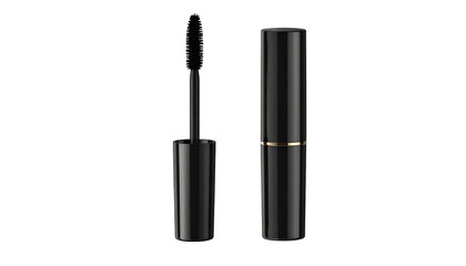 Obraz premium A black mascara tube with wand, cap off, and applicator brush extended, isolated on black