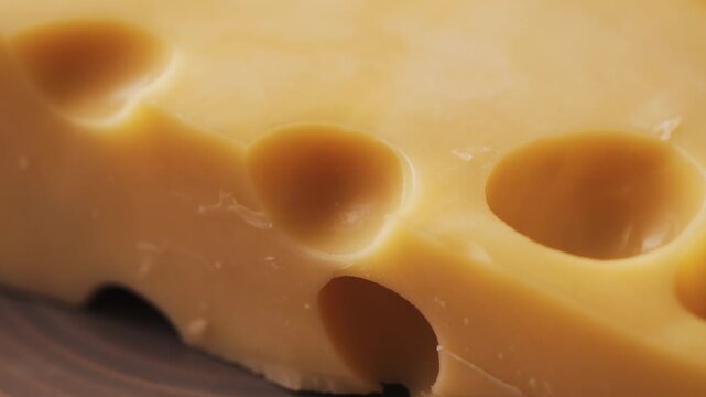Bright yellow Emmental cheese or Maasdam cheese with large holes close up.