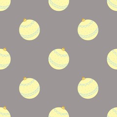 Seamless Christmas pattern with yellow baubles. Cute hand drawn holiday balls on grey background.