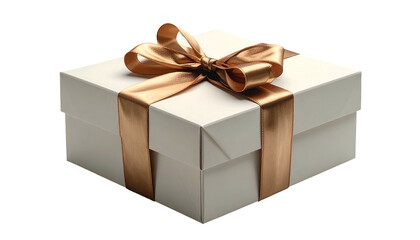 Fototapeta premium A square, off-white gift box tied with a gold ribbon and bow, isolated on a black background
