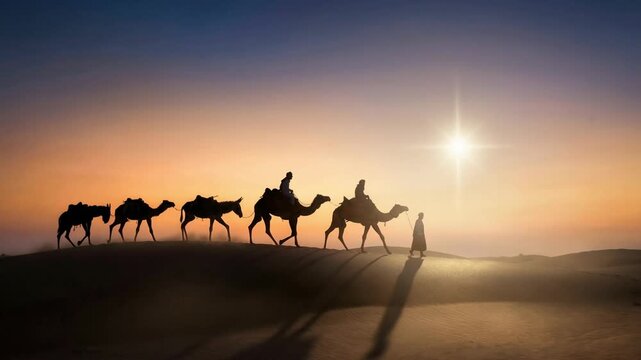 Three wise men riding on camels following the star of bethlehem through the desert to find the baby jesus christ in this epic christian religious scene from the classic bible story