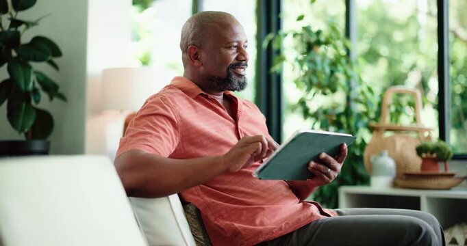 Think, home or black man reading with tablet, personal development blog or search for self help ebook. Mature, browse internet or person with tech for learning, goal setting app or wellness forum