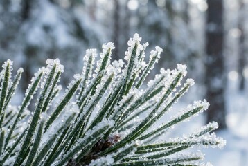 Macro of icy pine needles with clean winter detail