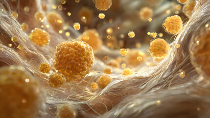 Intricate scientific visualization of microscopic fat cells in a cellular environment