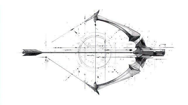 Black and white illustration of a crossbow with an arrow and geometric design