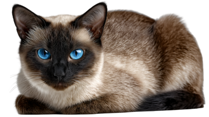 Striking portrait of a beautiful Siamese cat with piercing bright blue eyes resting calmly against a pure showcasing exquisite feline features