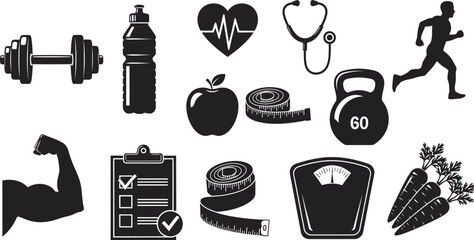 Healthy lifestyle icons depicting fitness nutrition and wellness in black silhouette