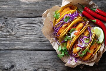 Fried fish tacos with red cabbage, onion, cilantro, chili peppers, lime wedge on rustic wooden table, copy space