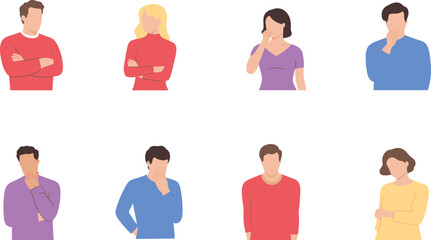 Flat minimalist illustration of diverse people expressing various emotions and thoughtful poses, modern faceless character collection for design concepts