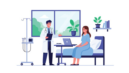 Doctor consulting with patient at desk in modern flat clinic setting. Clean vector illustration for healthcare, diagnosis, medical advice, and professional services